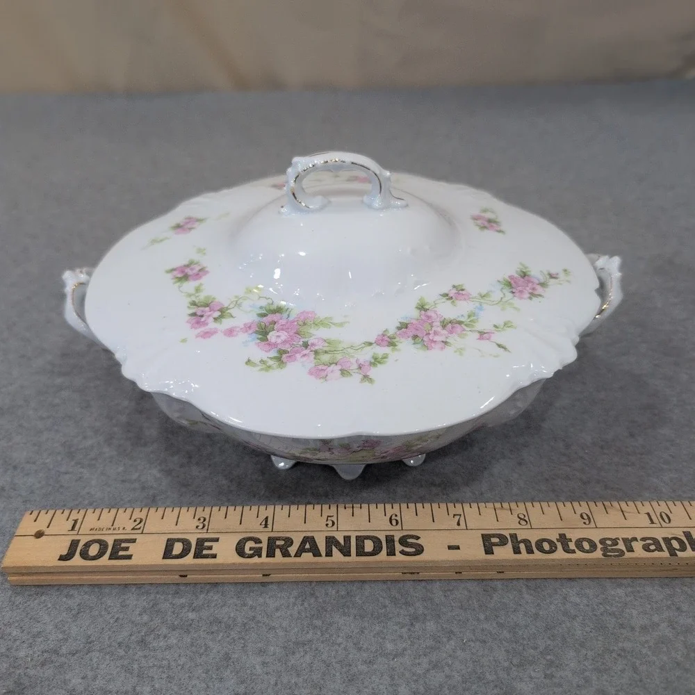 Antique Porcelain Covered Vegetable Tureen Pink Floral Gold‎ Gilt Footed Dish